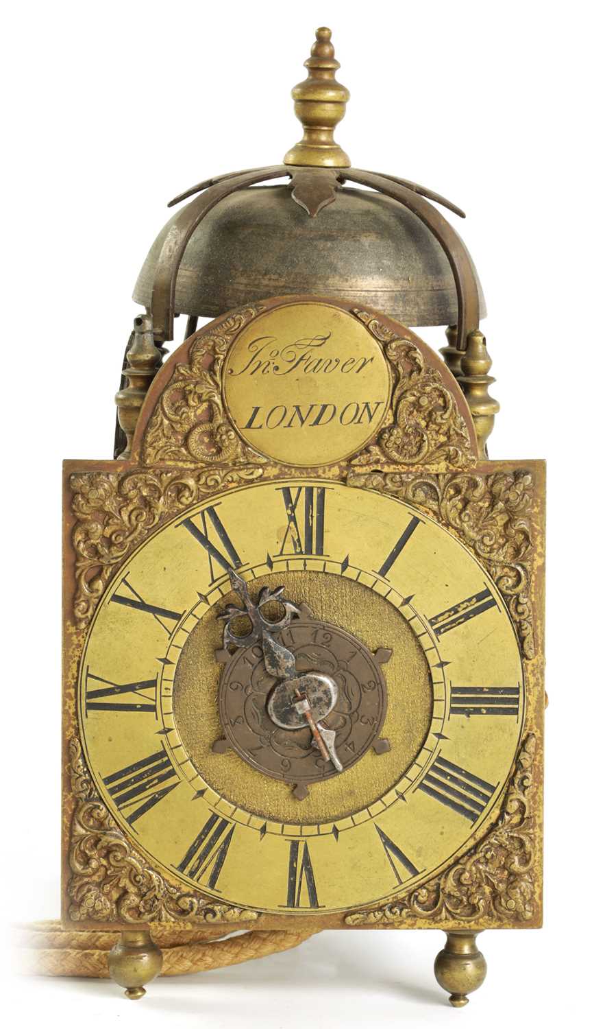 Lot 71 - JOHN FAVER, LONDON. AN EARLY 18TH CENTURY MINIATURE BRASS LANTERN CLOCK
