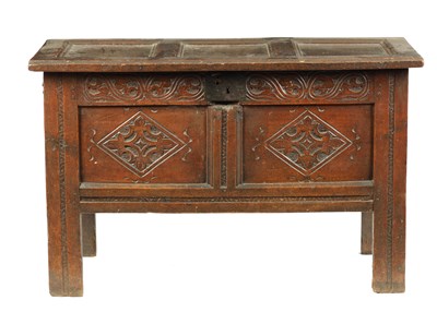 Lot 680 - A CHARLES II JOINED OAK COFFER OF SMALL SIZE