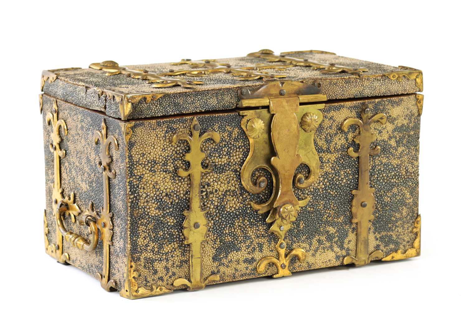 Lot 654 - A SMALL LATE 17TH/EARLY 18TH CENTURY CONTINENTAL SHAGREEN COVERED COFFRE FORTE
