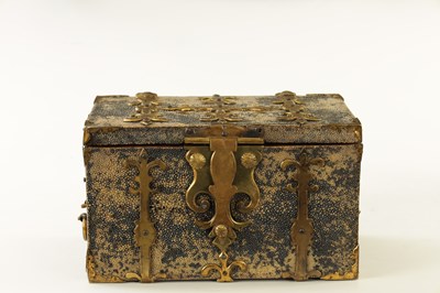 Lot 654 - A SMALL LATE 17TH/EARLY 18TH CENTURY CONTINENTAL SHAGREEN COVERED COFFRE FORTE