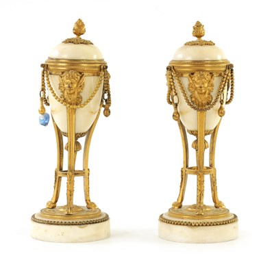 Lot 377 - A PAIR OF 19TH CENTURY ADAM STYLE WHITE MARBLE AND ORMOLU MOUNTED REVERSIBLE URNS/CANDLESTICKS