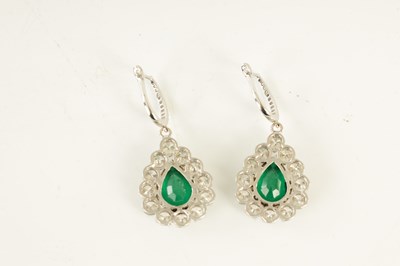 Lot 181 - A FINE AND LARGE PAIR OF 18CT WHITE GOLD DIAMOND AND EMERALD EARRINGS