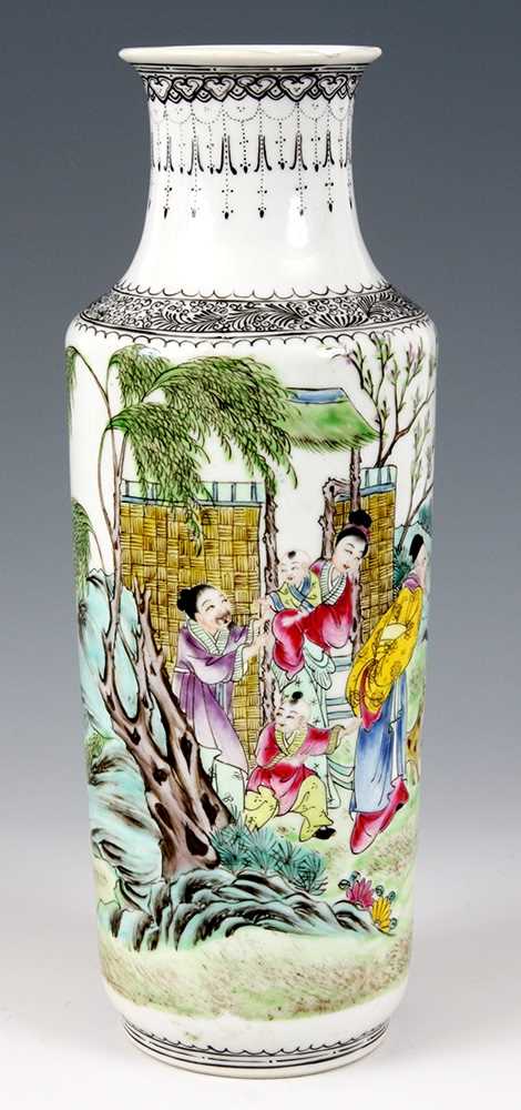 Lot 174 - A CHINESE FAMILE ROSE ROULEAU VASE depicting...