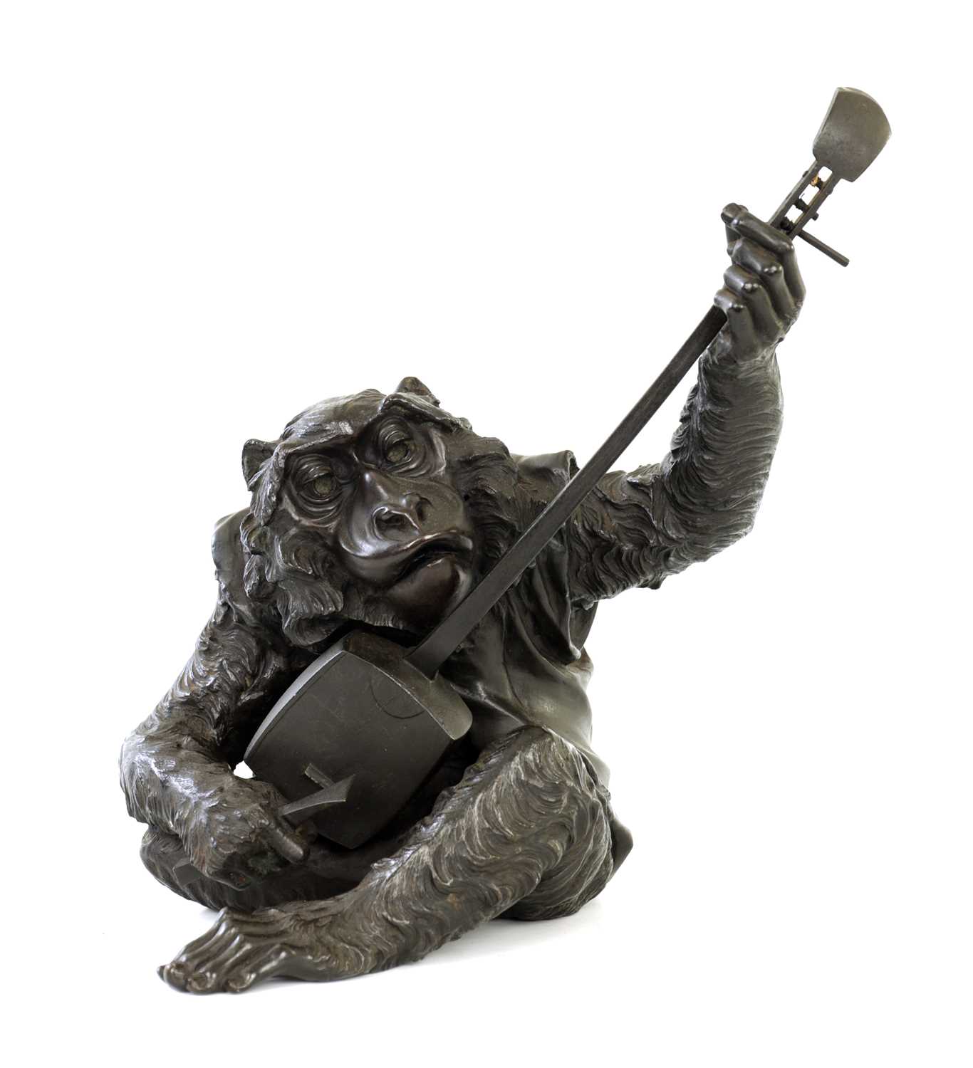 Lot 144 - A LATE 19TH CENTURY JAPANESE MEIJI PERIOD BRONZE SCULPTURE OF A SEATED MONKEY PLAYING A SHAMISEN