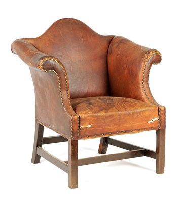 Lot 753 - AN EARLY GEORGE III BRASS STUDDED BROWN LEATHER UPHOLSTERED  MAHOGANY LIBRARY CHAIR