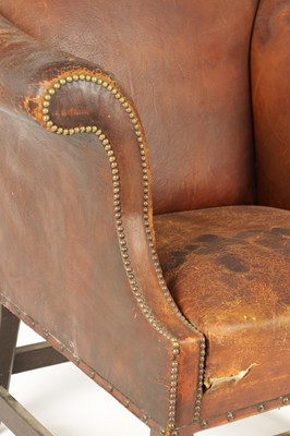 Lot 753 - AN EARLY GEORGE III BRASS STUDDED BROWN LEATHER UPHOLSTERED  MAHOGANY LIBRARY CHAIR