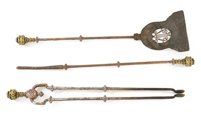 Lot 331 - A SET OF THREE LATE GEORGIAN BRASS AND STEEL FIRE IRONS