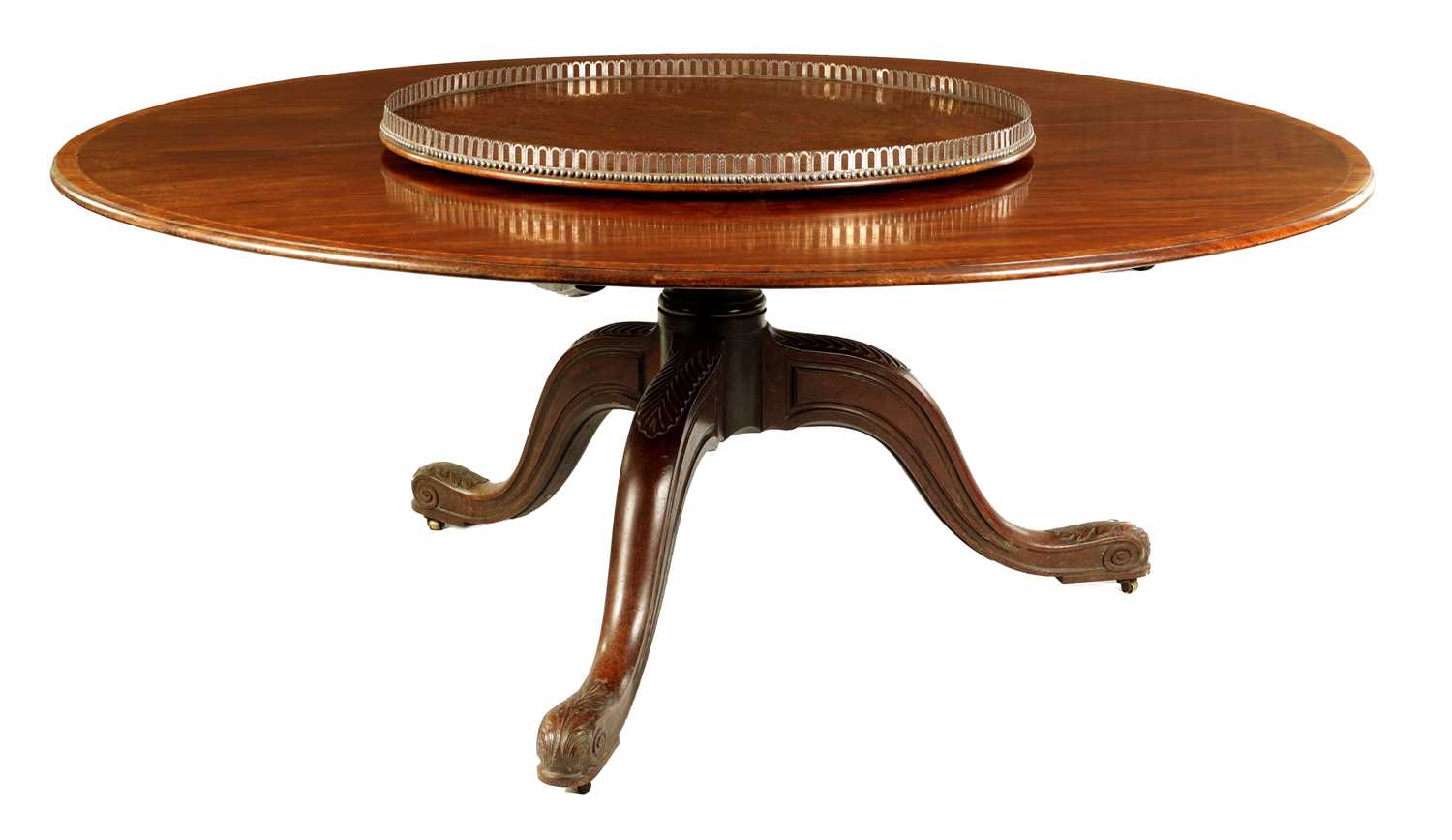 Lot 772 - A RARE LATE GEORGE III REGENCY FIGURED MAHOGANY CIRCULAR DINING TABLE OF LARGE SIZE FITTED WITH A REVOLVING SILVER GALLERIED LAZY SUSAN CENTRE BY MATTHEW BOULTON