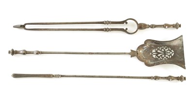 Lot 332 - A SET OF THREE LATE GEORGIAN POLISHED STEEL FIRE IRONS