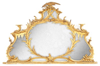 Lot 738 - AN EARLY/MID 19TH CENTURY CHIPPENDALE DESIGN CARVED GILT  GESSO OVERMANTEL MIRROR