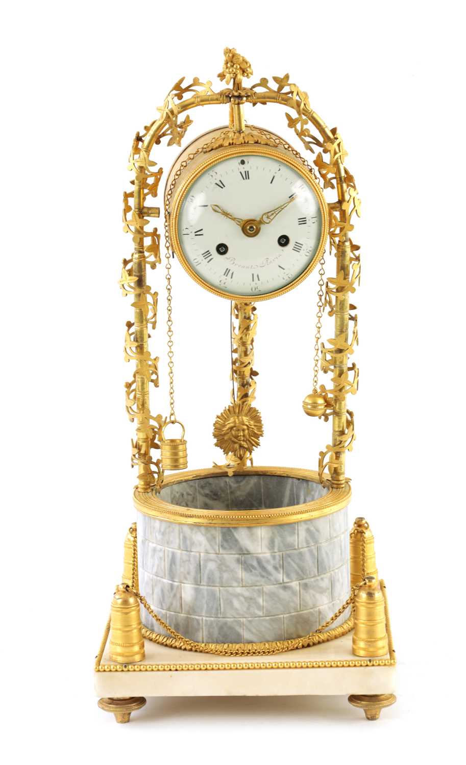 Lot 625 - JACQUES THOMAS BREANT, PARIS. AN UNUSUAL LATE 18TH CENTURY ORMOLU, GREY AND WHITE MARBLE MANTEL CLOCK