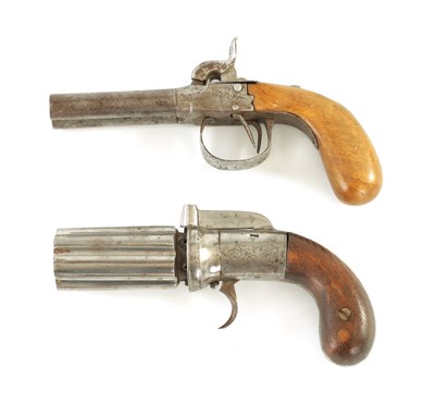 Lot 276 - A 19TH CENTURY PEPPERBOX PISTOL TOGETHER WITH A BELGIAN DOUBLE-BARRELLED PERCUSSION PISTOL