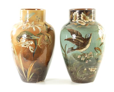 Lot 15 - A MASSIVE MATCHED PAIR OF 19TH CENTURY CERAMIC TAPERING SHOULDERED VASES