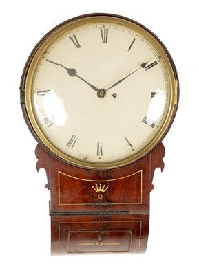 Lot 567 - A REGENCY BRASS INLAID FIGURED MAHOGANY DROP-DIAL WALL CLOCK