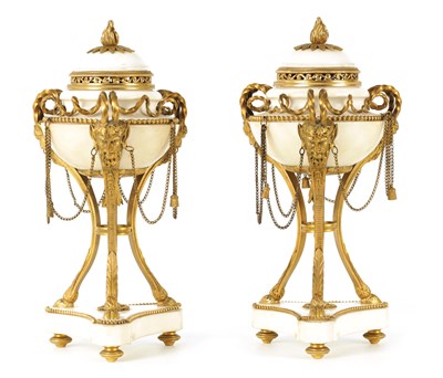 Lot 406 - A PAIR OF 19TH CENTURY FRENCH WHITE MARBLE AND ORMOLU CASSOLETTES