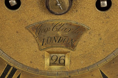 Lot 622 - GEORGE CLARKE, LONDON. A MID 18TH CENTURY LACQUERED INVERTED BELL TOP VERGE EIGHT-DAY BRACKET CLOCK