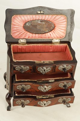 Lot 652 - A RARE 18TH CENTURY PORTUGUESE ROSEWOOD JEWELLERY CASKET SHAPED AS A MINIATURE COMMODE