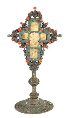 Lot 408 - AN 18TH CENTURY GREEK JEWELLED AND ENAMELLED SILVER METAL CRUCIFIX WITH PANELLED IVORY CENTRE