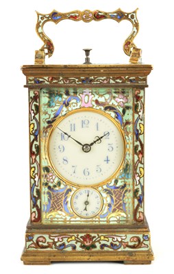 Lot 513 - A LATE 19TH CENTURY FRENCH BRASS AND COLOURED CHAMPLEVE ENAMEL REPEATING CARRIAGE CLOCK WITH ALARM