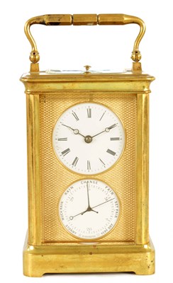 Lot 509 - AN UNUSUAL LATE 19TH CENTURY BRASS CARRIAGE CLOCK REPEATER/ANEROID BAROMETER