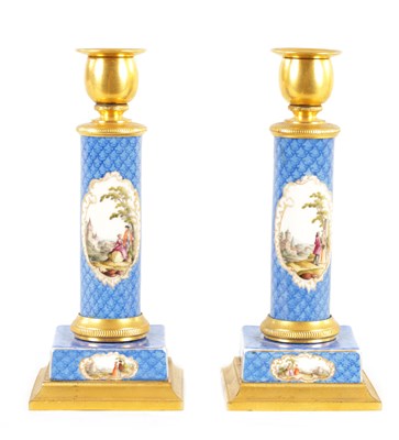 Lot 32 - A PAIR OF 19TH CENTURY ORMOLU MOUNTED SEVRES STYLE PORCELAIN CANDLESTICKS