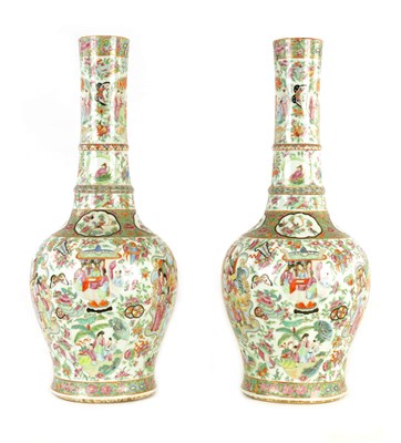 Lot 70 - A PAIR OF 19TH CENTURY FAMILLE VERTE CHINESE CANTON SLENDER NECK SHOULDERED VASES