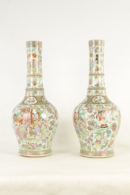 Lot 70 - A PAIR OF 19TH CENTURY FAMILLE VERTE CHINESE CANTON SLENDER NECK SHOULDERED VASES