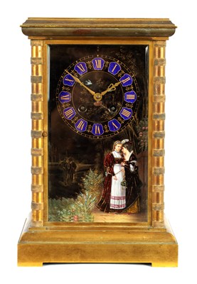 Lot 599 - AN UNUSUAL FINE FRENCH 19TH CENTURY BRASS EIGHT-DAY FOUR GLASS STYLE MANTEL CLOCK SET WITH  LIMOGES ENAMEL PANELSS