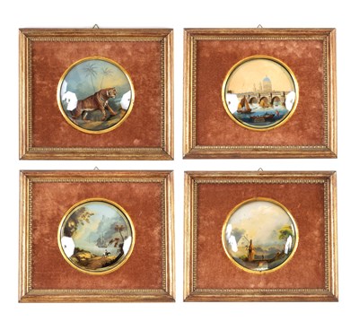 Lot 387 - A SET OF FOUR 19TH CENTURY TOPOGRAPHICAL REVERSE PAINTED 3D OIL ON TIN PANELS