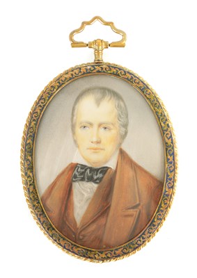 Lot 426 - A 19TH CENTURY MOUNTED PORTRAIT ON IVORY OF THE FAMOUS SCOTTISH NOVALIST SIR WALTER SCOTT