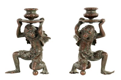 Lot 366 - A PAIR OF LATE 19TH CENTURY VIENNA BRONZE FIGURAL CANDLESTICKS