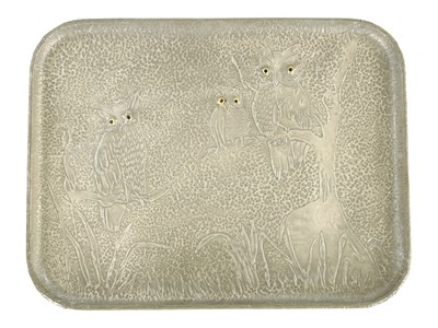 Lot 347 - AN UNUSUAL ARTS AND CRAFTS PEWTER TRAY DECORATED WITH OWLS