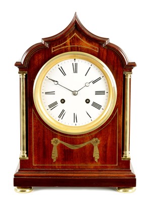 Lot 896 - A LATE 19TH CENTURY FRENCH BRASS INLAID MANTEL CLOCK