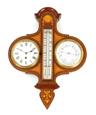 Lot 527 - A GOOD LATE 19TH CENTURY SHERATON STYLE INLAID MAHOGANY COMBINED CLOCK/BAROMETER/THERMOMETER HANGING WALL COMPENDIUM