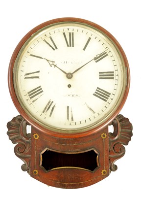 Lot 531 - J. HOLMAN LEWES. A 19TH CENTURY BRASS INLAID FIGURED MAHOGANY 12” DROP DIAL WALL CLOCK