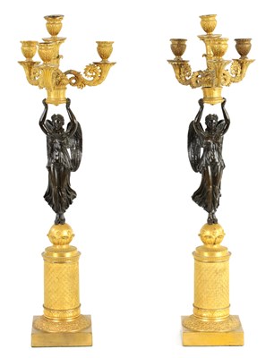 Lot 415 - A FINE PAIR OF 19TH CENTURY REGENCY ORMOLU AND PATINATED BRONZE CANDELABRA IN THE NEO CLASSICAL STYLE