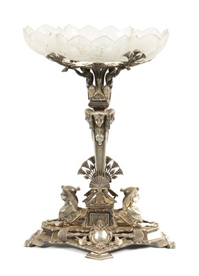 Lot 411 - A FINE LATE 19TH CENTURY ELKINGTON AND CO. CAST SILVER PLATED TABLE CENTRE PEICE AND BOWL IN THE EGYPTIANESQUE STYLE