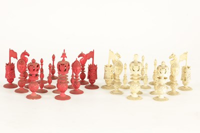 Lot 119 - A FINE 19TH CENTURY CHINESE IVORY AND RED STAINED IVORY CHESS SET