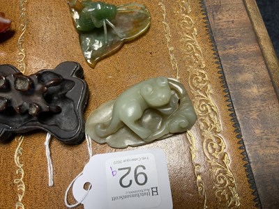 Lot 92 - A SELECTION OF JADE MINIATURE ANIMALS, INSECTS AND HARDWOOD STANDS