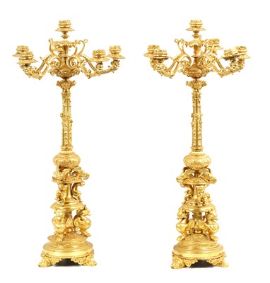 Lot 414 - A FINE PAIR OF 19TH CENTURY ORMOLU FIVE BRANCH CANDELABRA