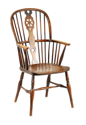 Lot 725 - AN EARLY 19TH CENTURY ELM AND ASH THAMES VALLEY WINDSOR CHAIR