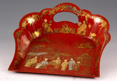 Lot 482 - AN EDWARDIAN CHINOISERIE SCARLET LACQUERED...