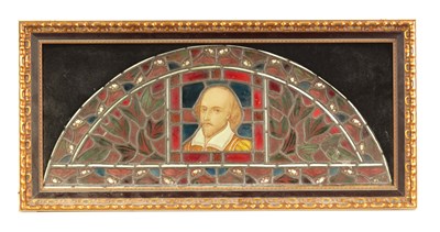 Lot 421 - WILLIAM SHAKESPEARE - AN 18TH CENTURY COLOURED SODA GLASS LEADED OVER-DOOR WINDOW