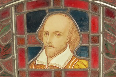 Lot 421 - WILLIAM SHAKESPEARE - AN 18TH CENTURY COLOURED SODA GLASS LEADED OVER-DOOR WINDOW