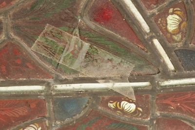 Lot 421 - WILLIAM SHAKESPEARE - AN 18TH CENTURY COLOURED SODA GLASS LEADED OVER-DOOR WINDOW