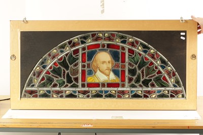 Lot 421 - WILLIAM SHAKESPEARE - AN 18TH CENTURY COLOURED SODA GLASS LEADED OVER-DOOR WINDOW