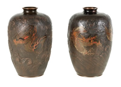 Lot 149 - A PAIR OF JAPANESE MEIJI PERIOD BRONZE AND ENAMEL DRAGON VASES