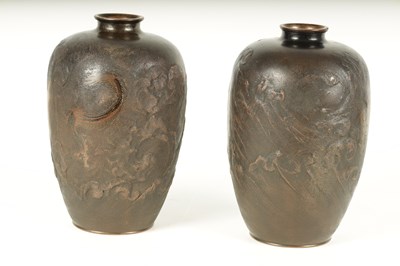Lot 149 - A PAIR OF JAPANESE MEIJI PERIOD BRONZE AND ENAMEL DRAGON VASES