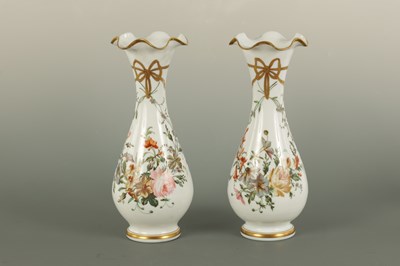 Lot 7 - A PAIR OF 19TH CENTURY FRENCH OPALINE GLASS FLORAL VASES