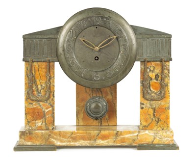 Lot 523 - A LIBERTY'S STYLE ARTS AND CRAFTS PEWTER AND VEINED MARBLE MANTEL CLOCK